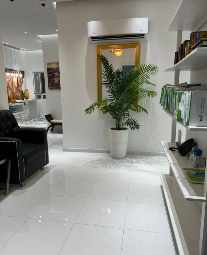 Hallway with a potted palm before a gold-framed mirror, a black armchair, and wall shelves holding files and a desk phone