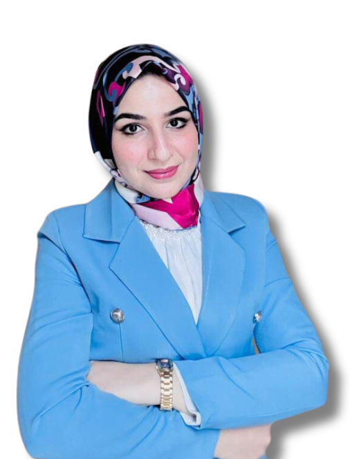 Dr. Bouchra, lead psychologist, in a light blue blazer and patterned hijab, arms crossed