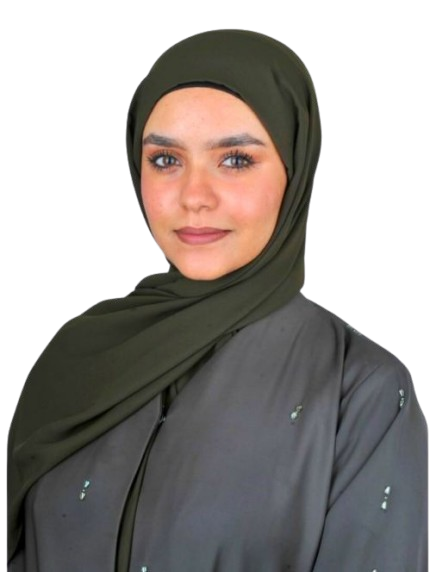 Dr. Balquis Al Namani, clinical psychologist, in an olive hijab and grey abaya