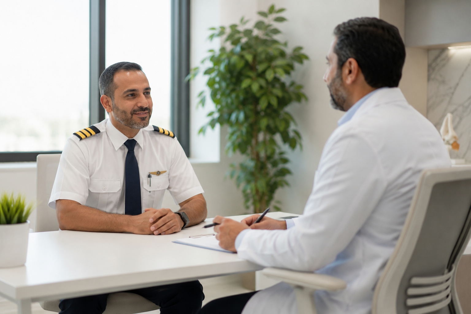 Airline pilot in uniform seated across a desk from a doctor in a white coat