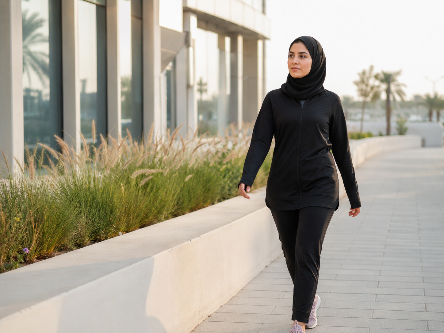 Woman in a hijab and dark activewear walking along a paved path beside palm trees