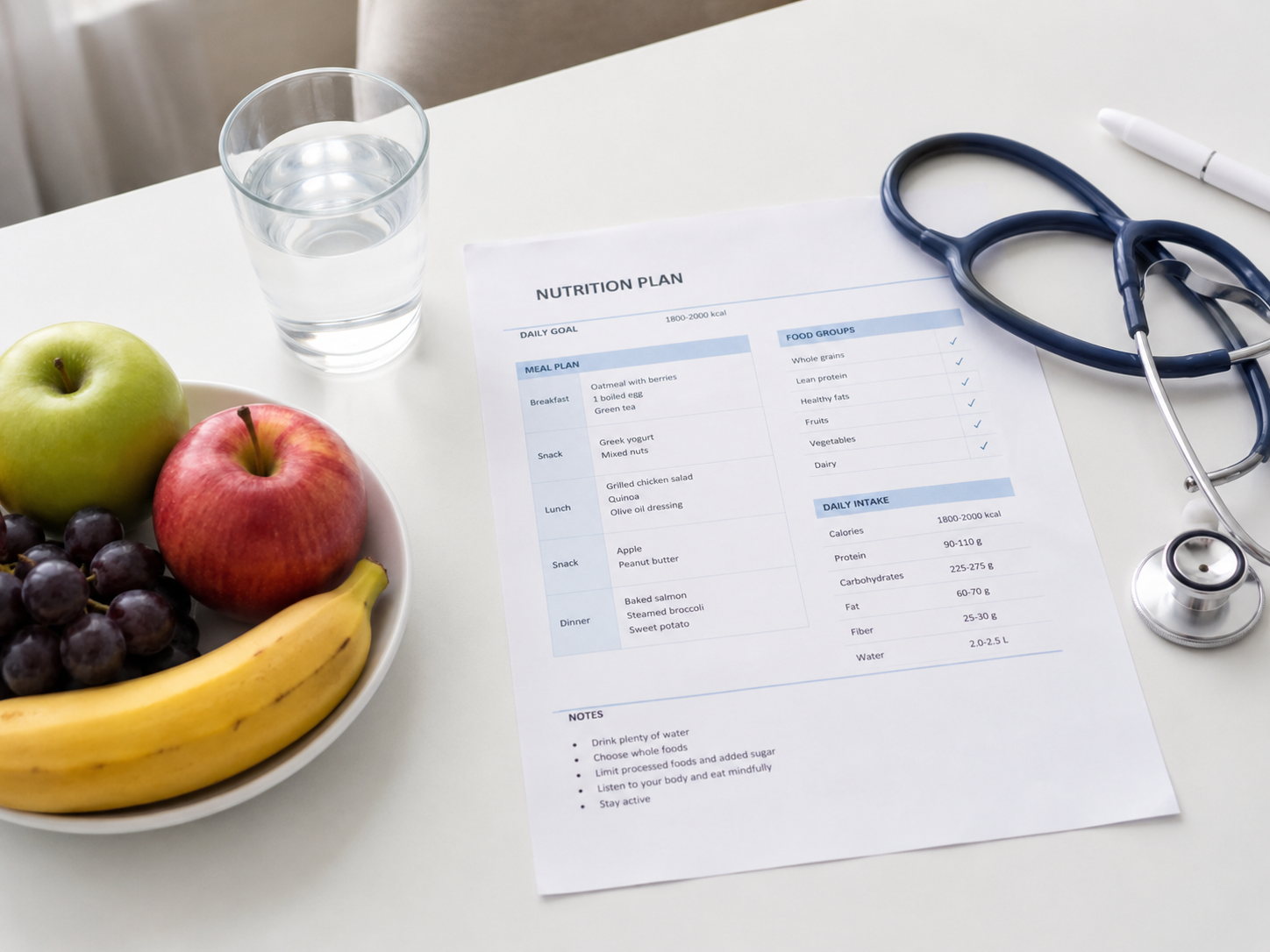 Fruit bowl, glass of water, stethoscope and a nutrition plan on a white table