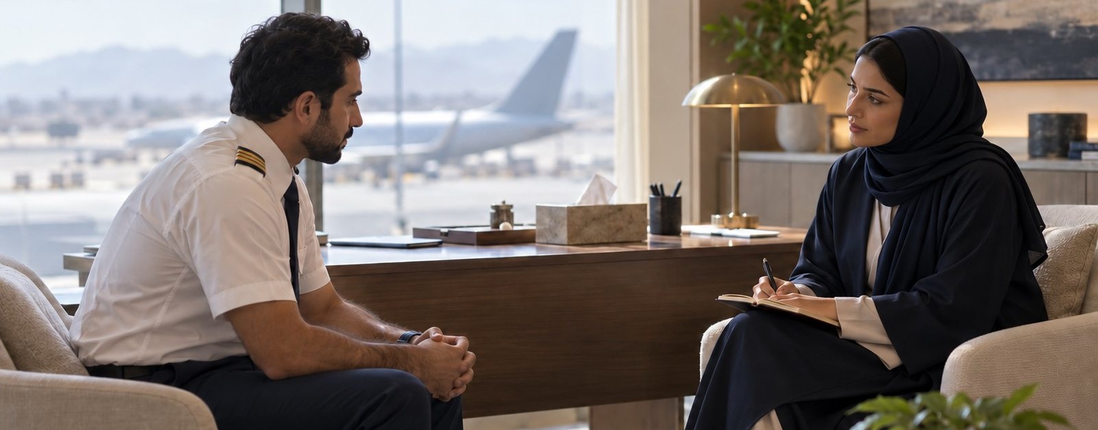 Pilot in uniform talking with a psychiatrist in an office overlooking an airport