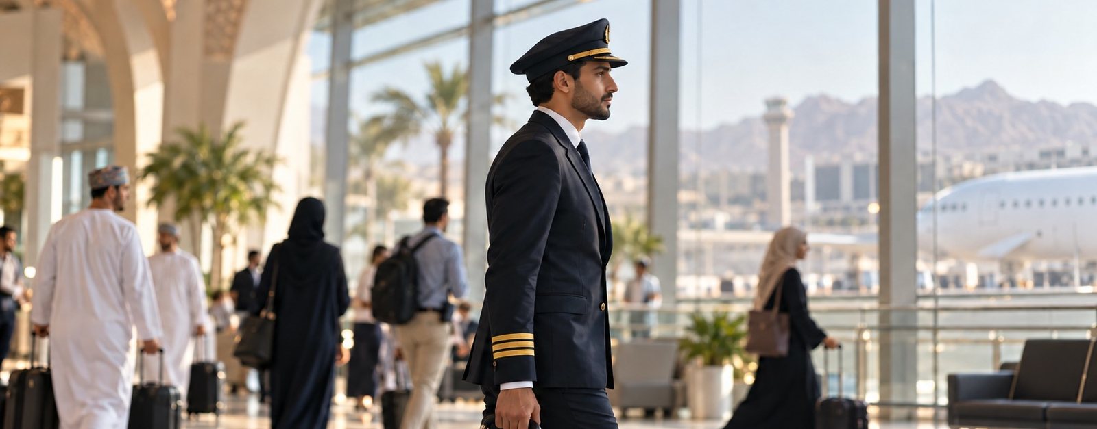 Pilot in uniform walking through a busy airport terminal with a flight bag
