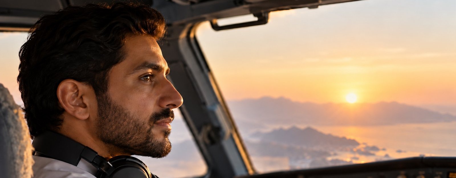 Pilot in profile in a cockpit at sunrise with a headset around his neck