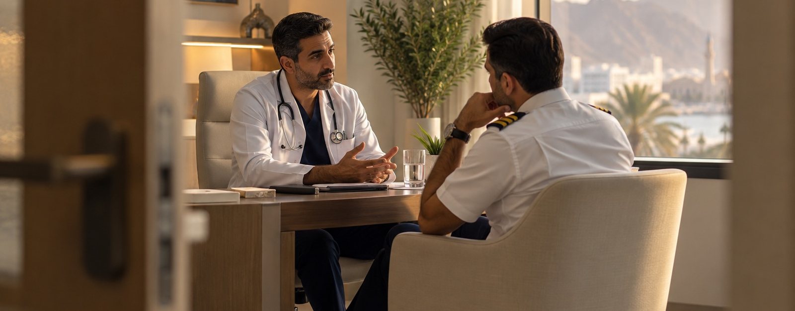 Doctor and pilot in a quiet follow-up conversation in a consulting room