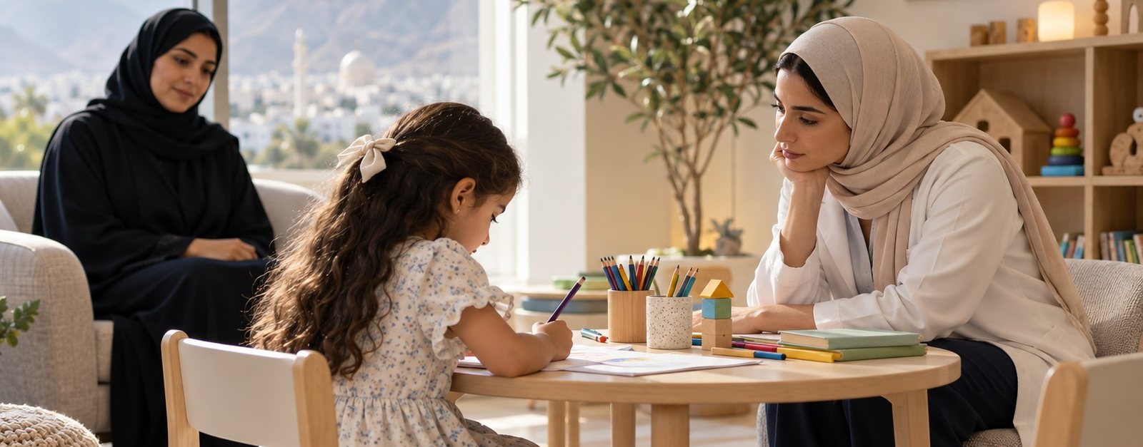 Child psychiatrist and a girl drawing at a small table while her mother watches