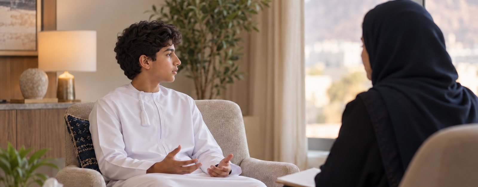 Teenage boy talking with a clinician in a consulting room