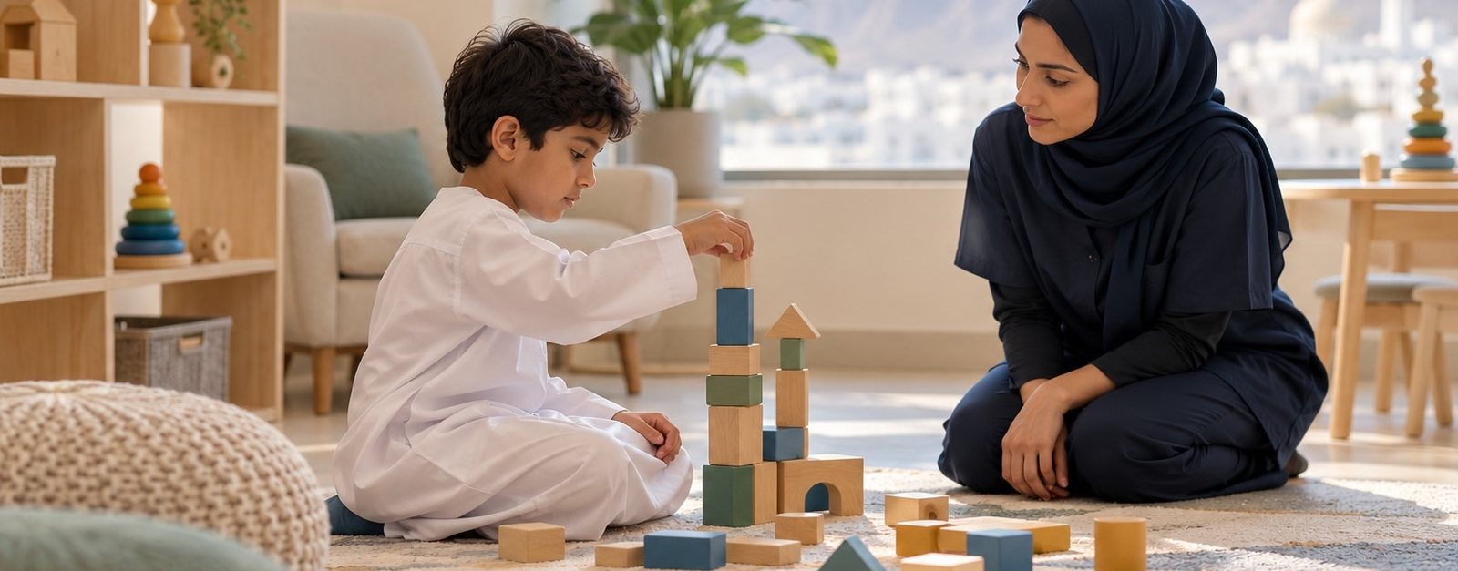 Boy building a tower of wooden blocks while a specialist watches