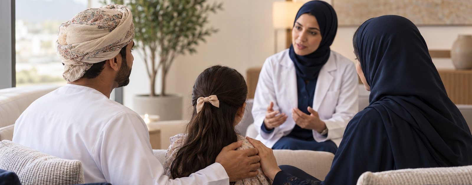 Parents and their daughter talking with a clinician on a sofa