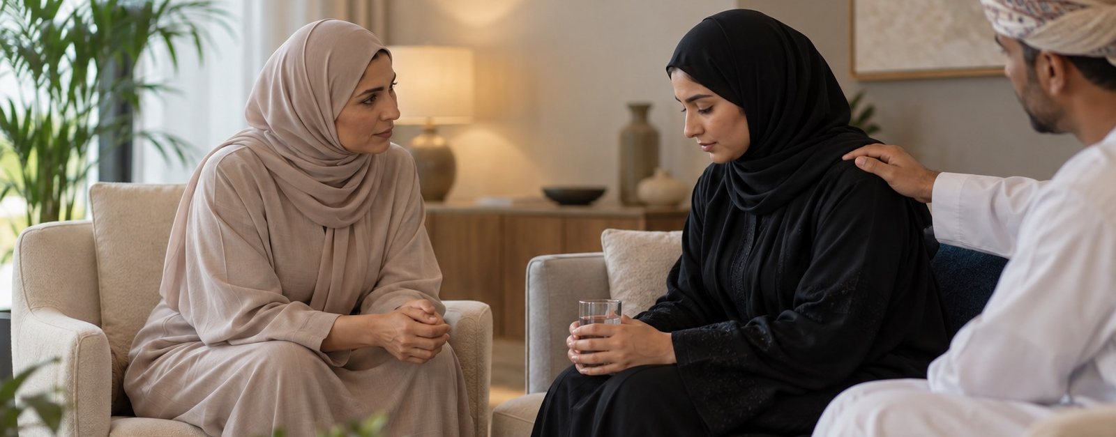 Woman holding a glass of water while a family member rests a hand on her shoulder