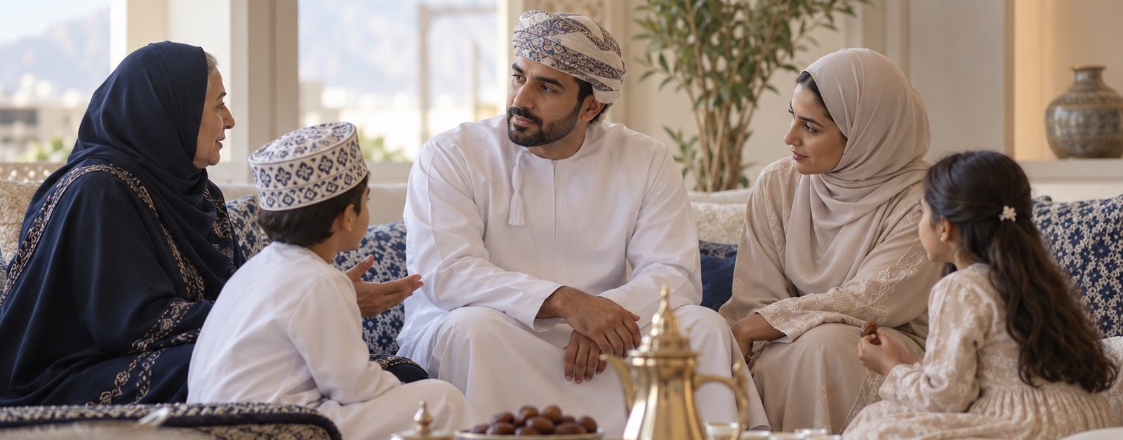 Three generations of a family relaxing together over tea and dates