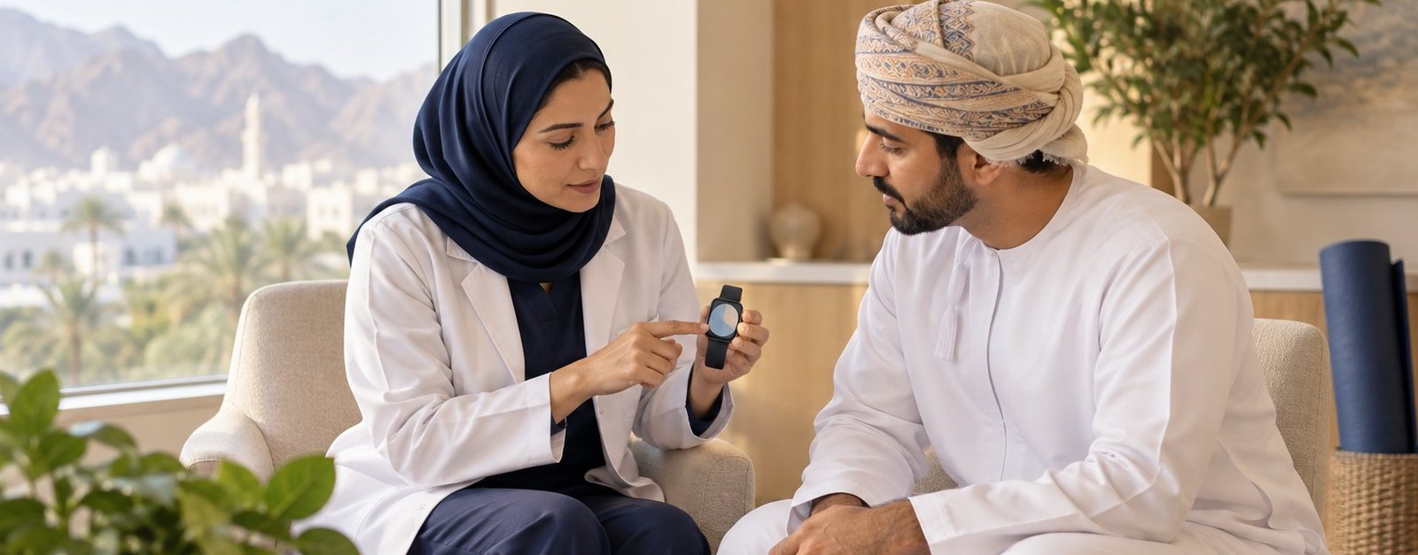 Clinician showing a patient a smartwatch during a lifestyle health assessment