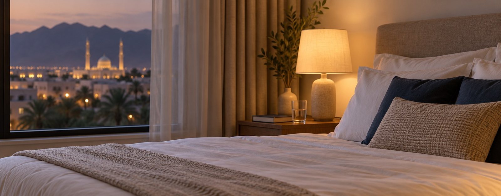 Calm bedroom at dusk with a made bed, a bedside lamp and a view of a mosque at night