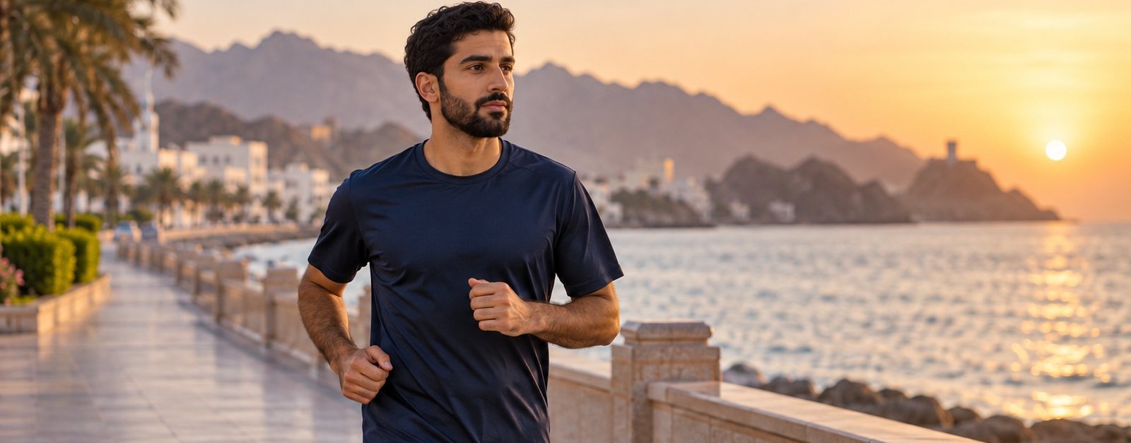Man jogging along a seafront promenade at sunset