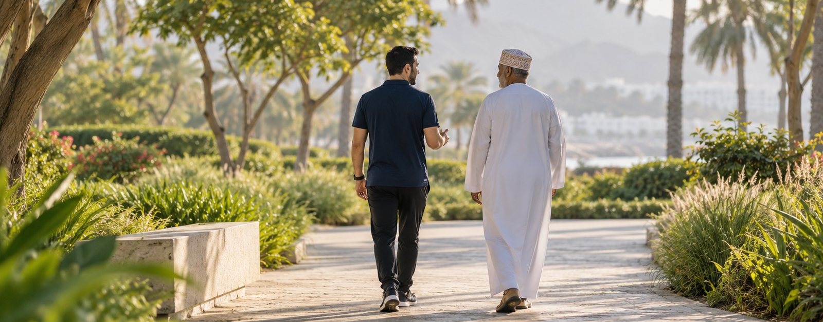 Coach and patient walking and talking along a shaded park path