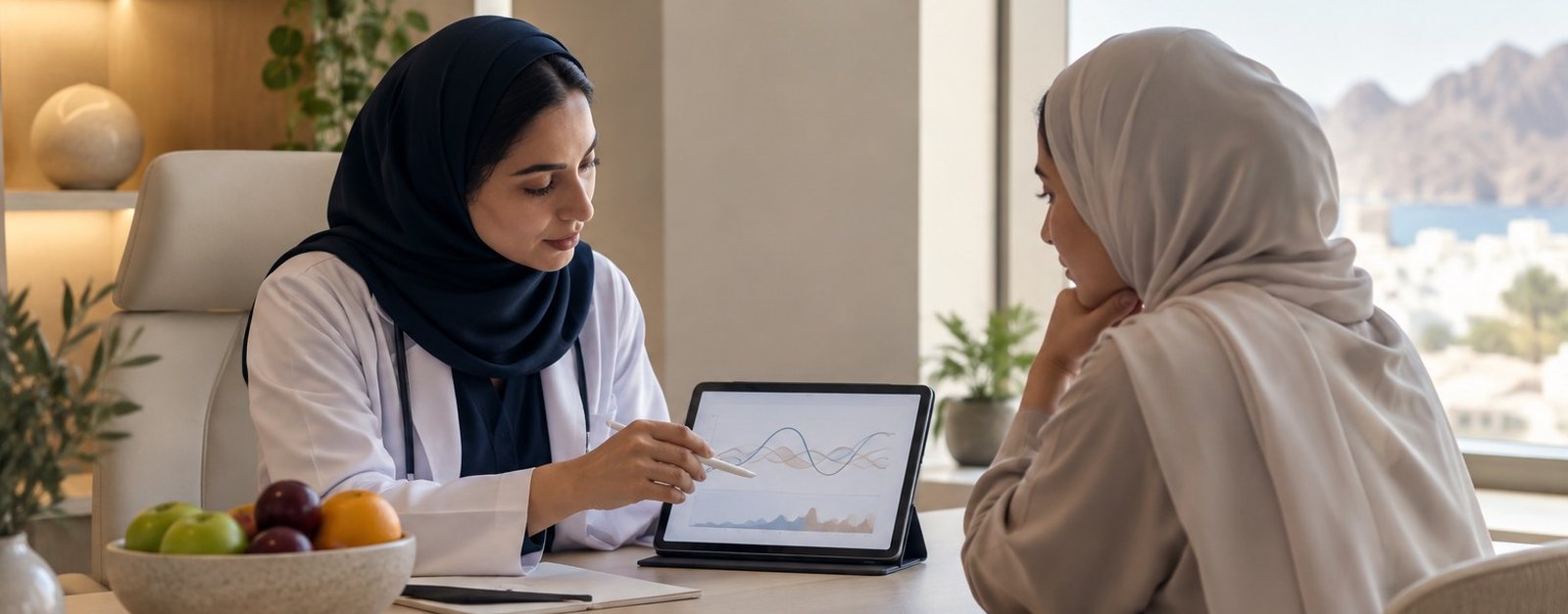 Clinician showing a patient results on a tablet at a desk with a bowl of fruit