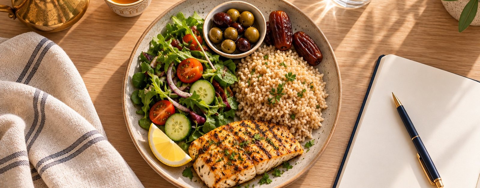 Balanced plate of salad, grilled fish and grains beside a notebook and pen