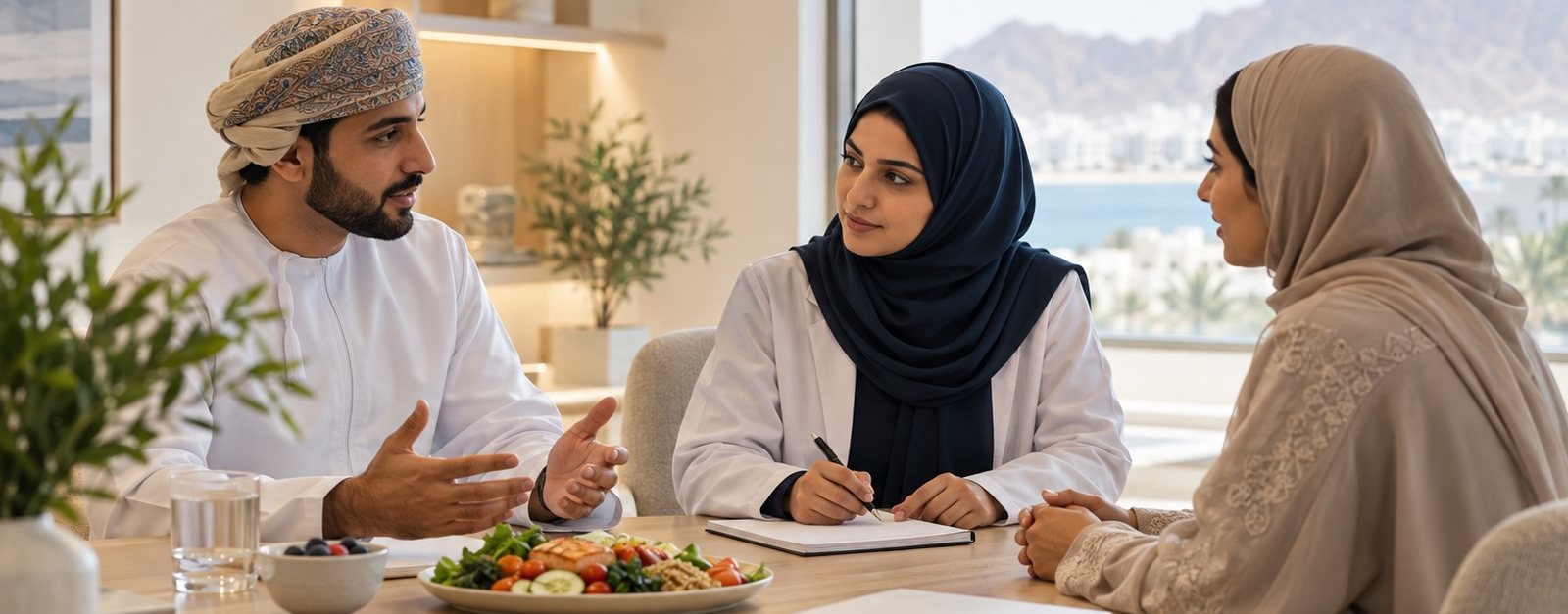 Psychiatrist and dietitian discussing a nutrition plan with a patient at a table