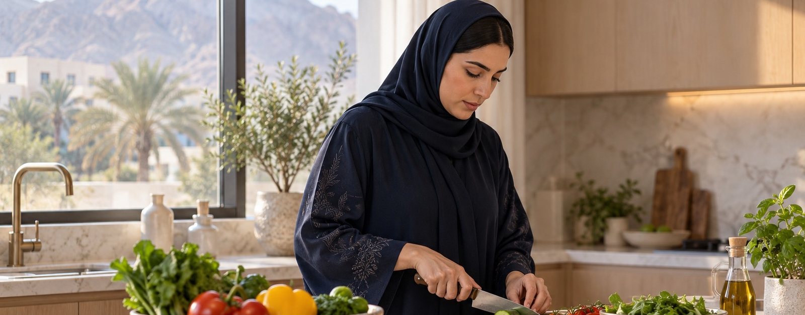 Woman chopping fresh vegetables in a bright kitchen