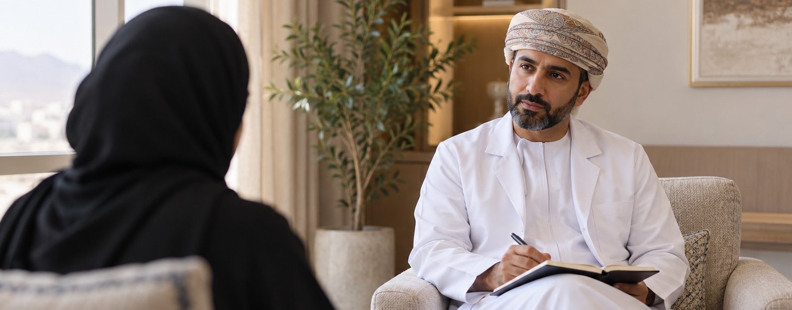 Psychiatrist in a white coat listening to a patient in a bright consulting room