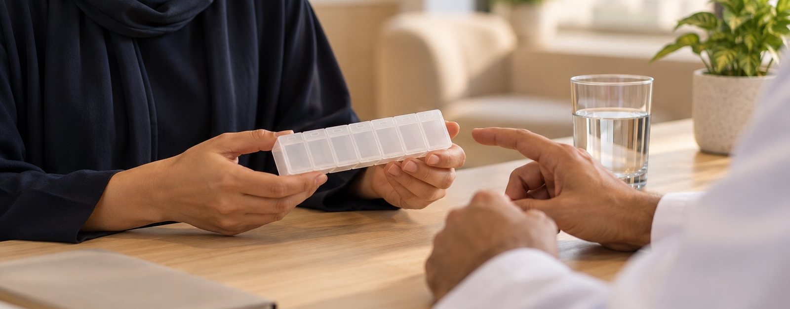 Patient holding a weekly pill organiser while a doctor explains at a desk