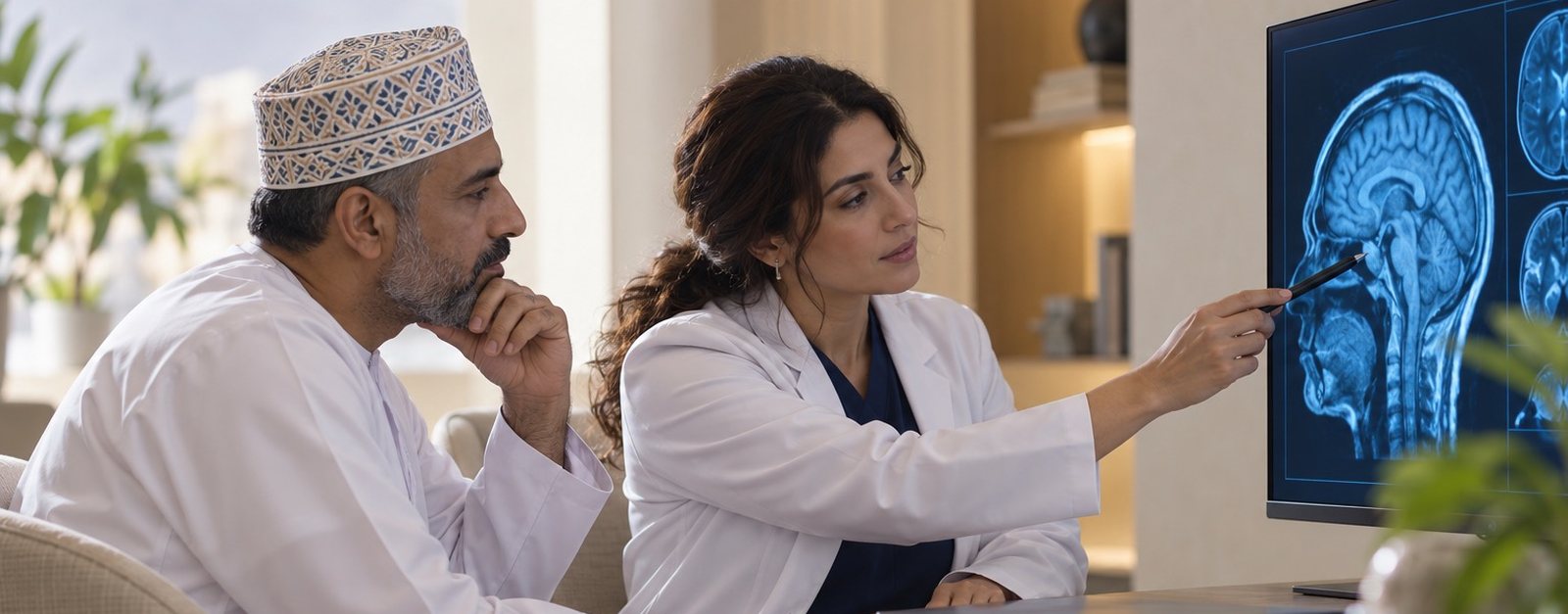 Psychiatrist showing a patient a brain scan on a screen