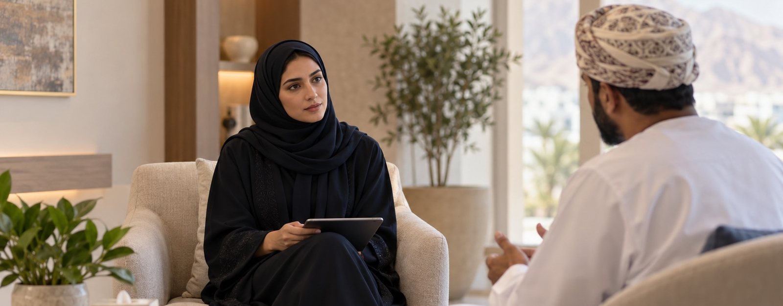 Psychologist with a tablet speaking with a patient in a calm consulting room