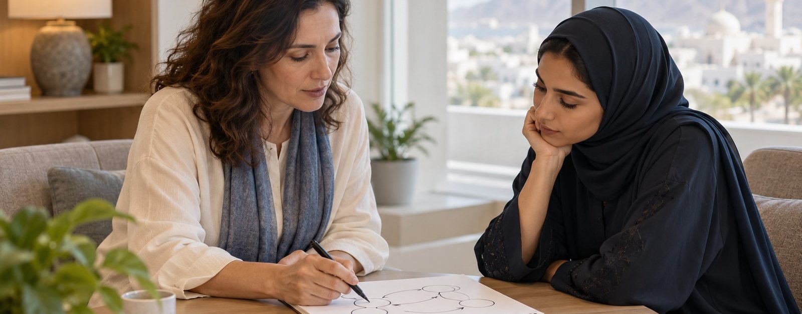 Psychologist drawing a diagram on a notepad while a young woman listens