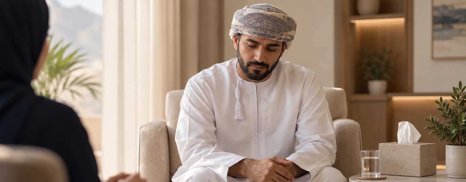 Man sitting quietly with his head lowered in a calm therapy room
