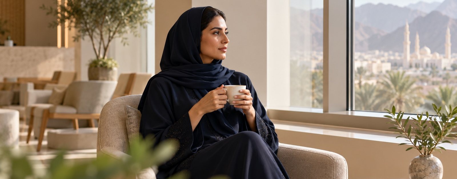 Woman holding a cup of tea and looking out of a window in a clinic lounge